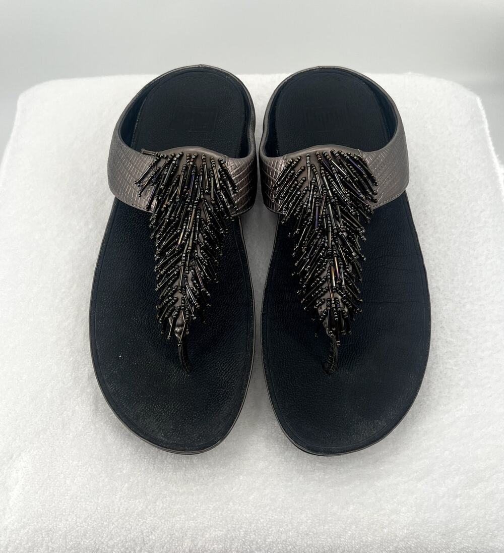 FitFlop Cha Cha Bronze Metallic Beaded Fringe Thong Sandals Women's size 10